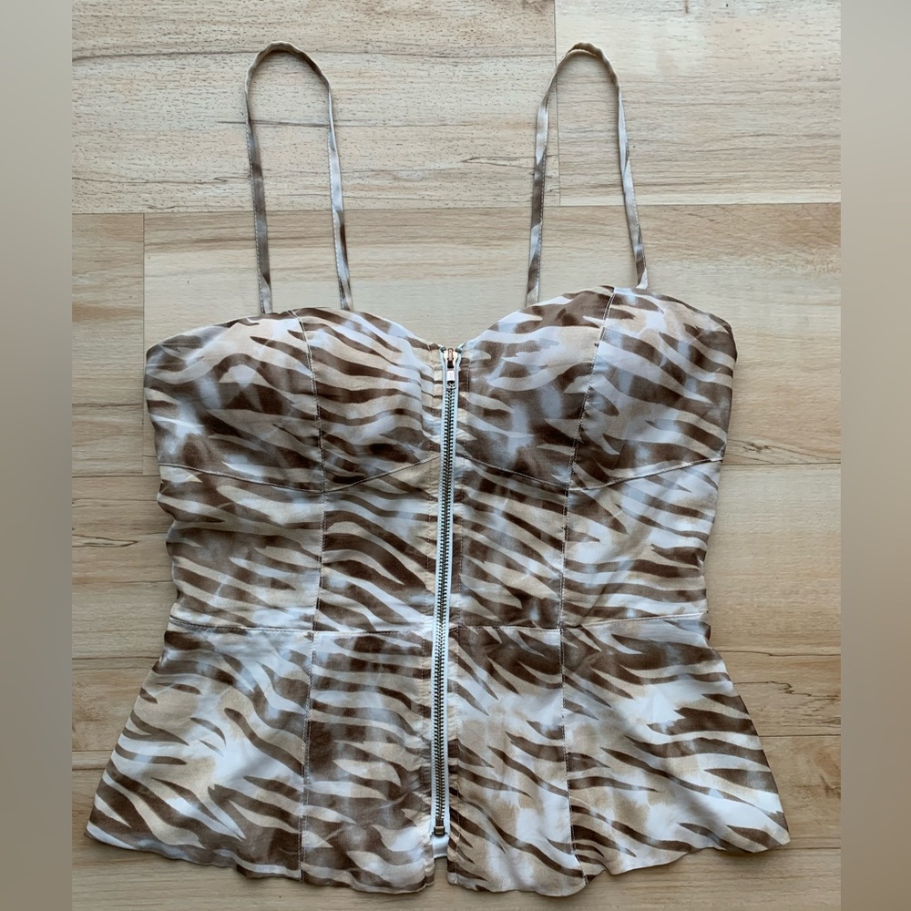 Satin Guess Top  Zip Up Front Size medium Color Brown/ivory